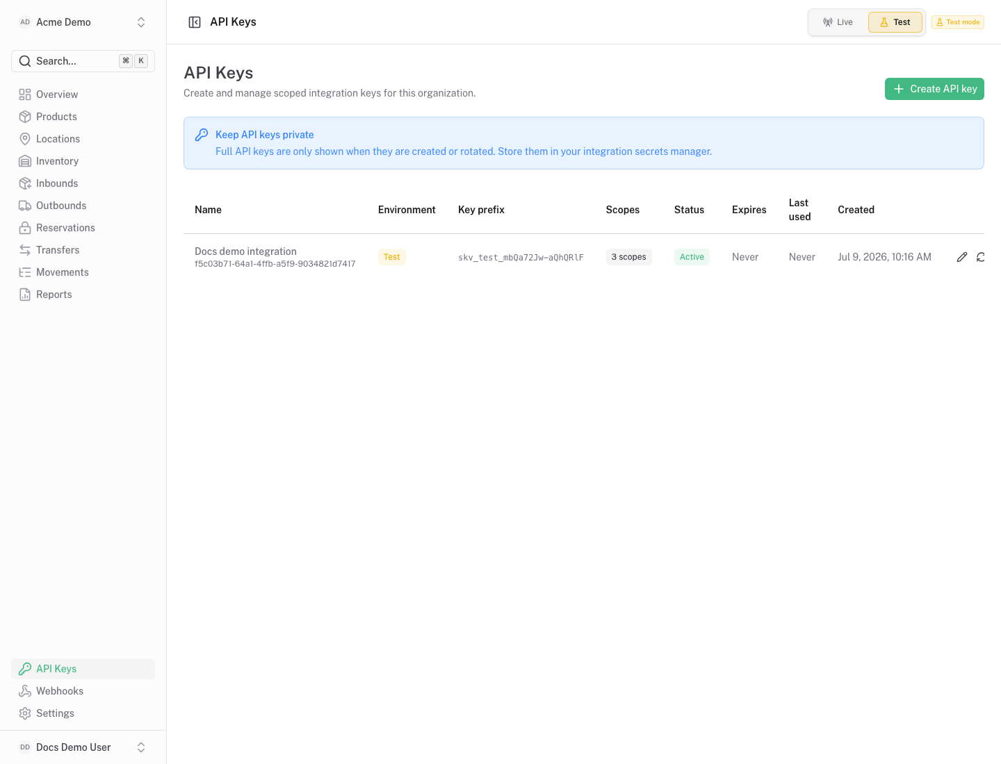 Skunivo API keys screen